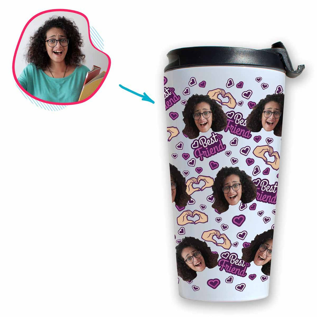 white BFF for Her travel mug personalized with photo of face printed on it