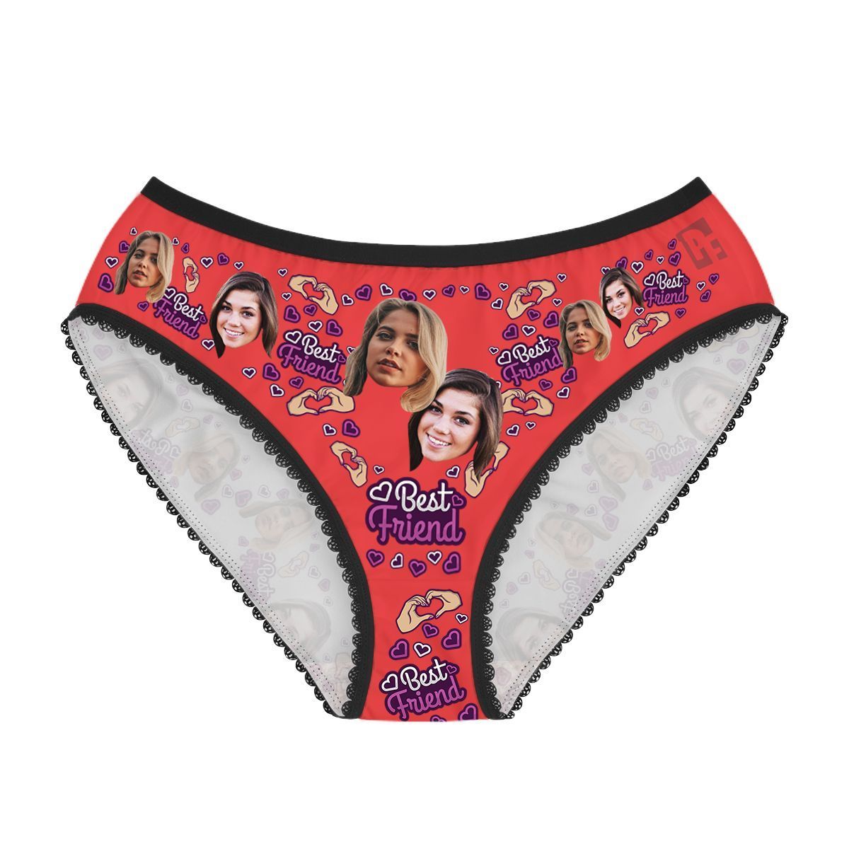 Red BFF for her women's underwear briefs personalized with photo printed on them