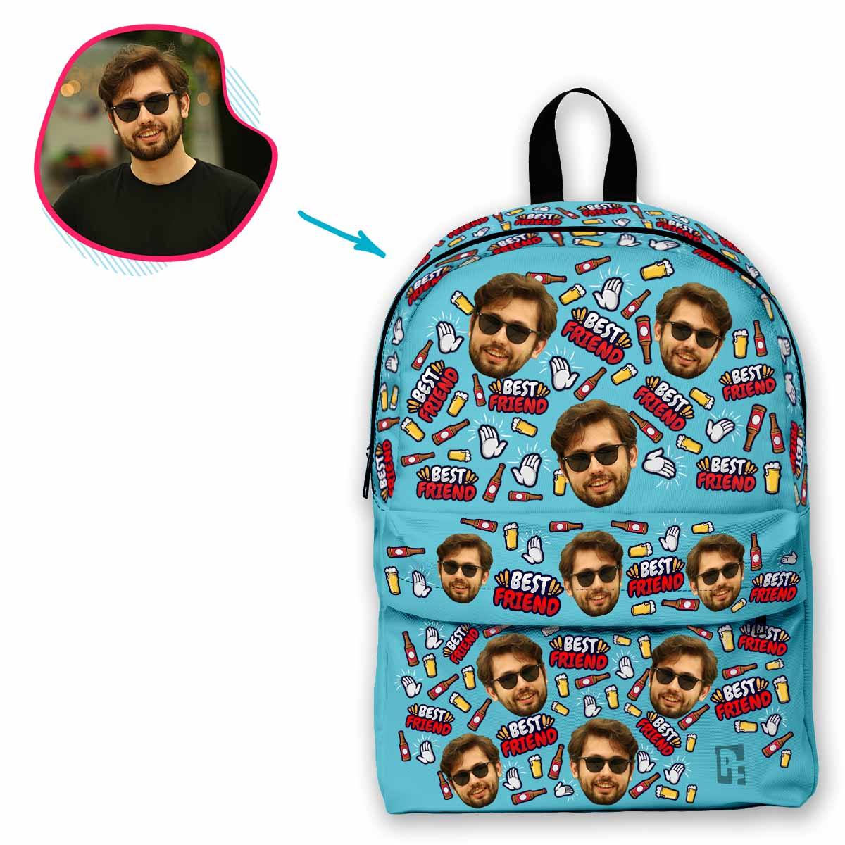 blue BFF for Him classic backpack personalized with photo of face printed on it