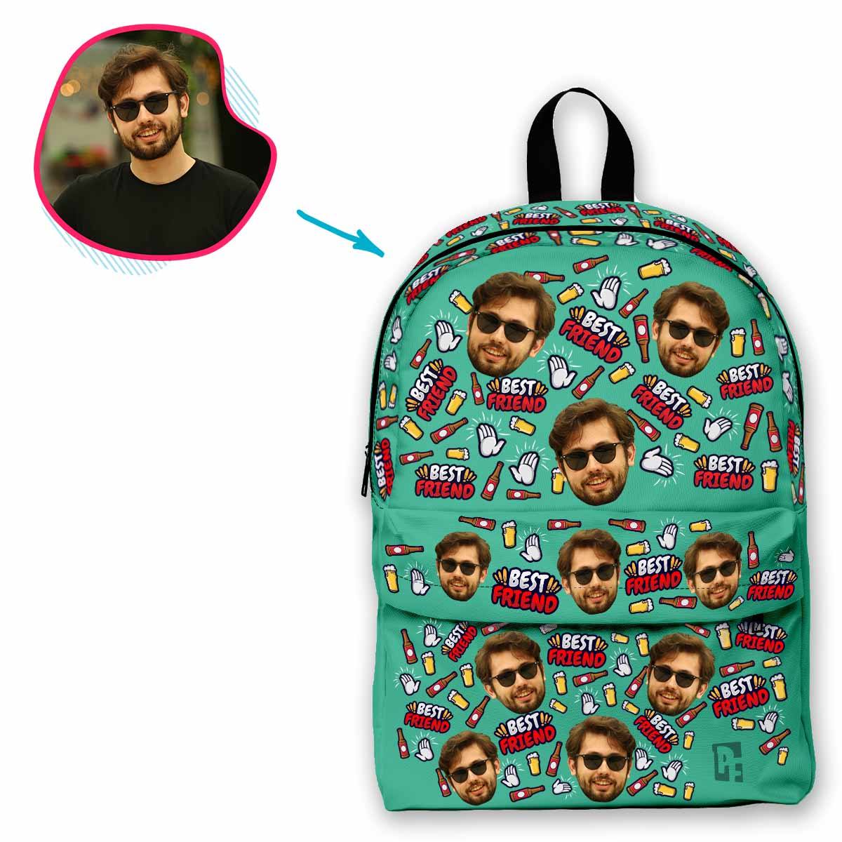mint BFF for Him classic backpack personalized with photo of face printed on it