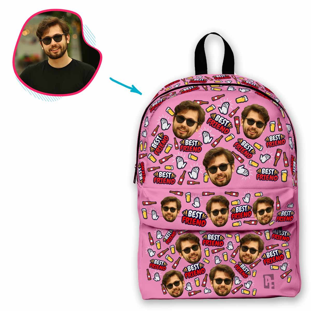 pink BFF for Him classic backpack personalized with photo of face printed on it