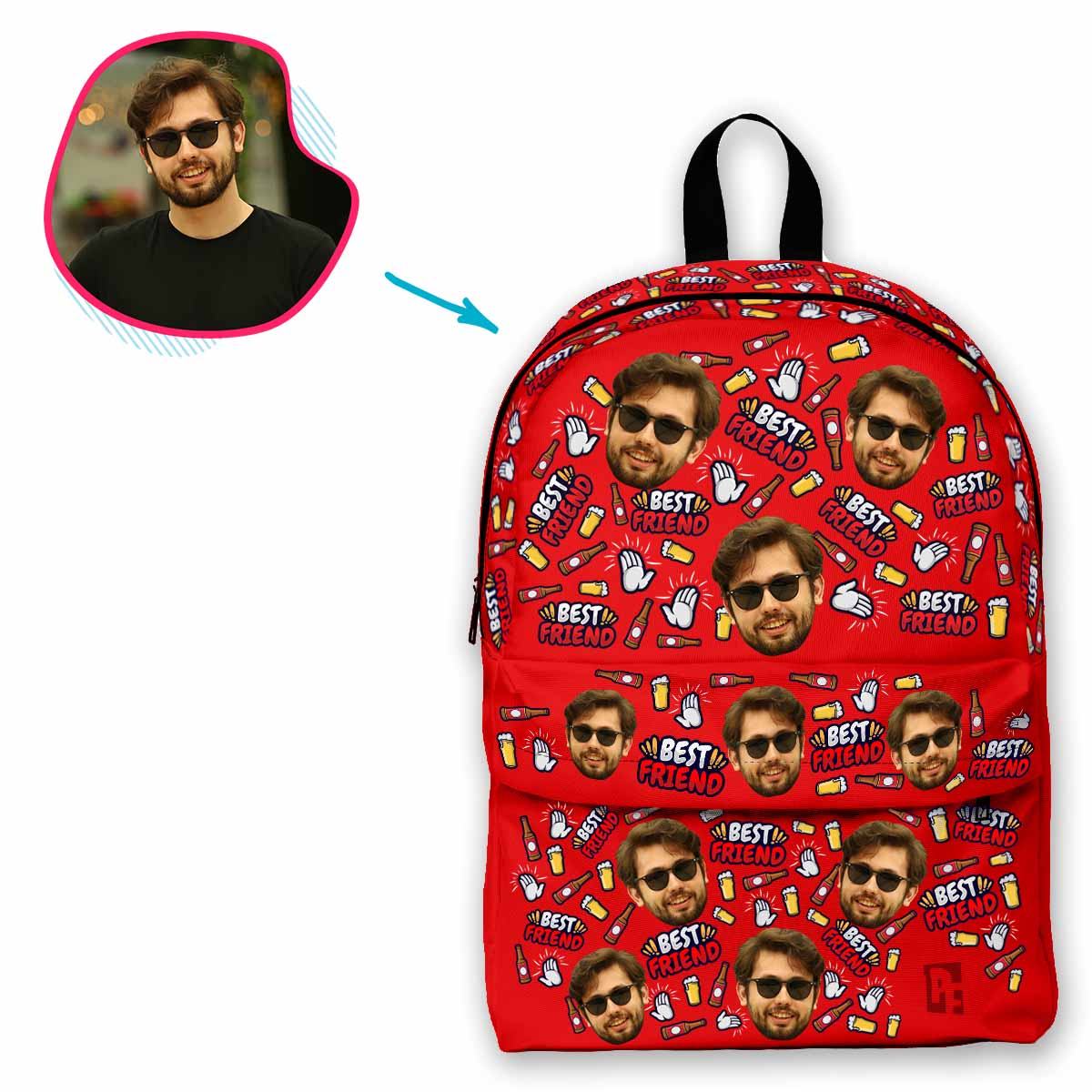 red BFF for Him classic backpack personalized with photo of face printed on it