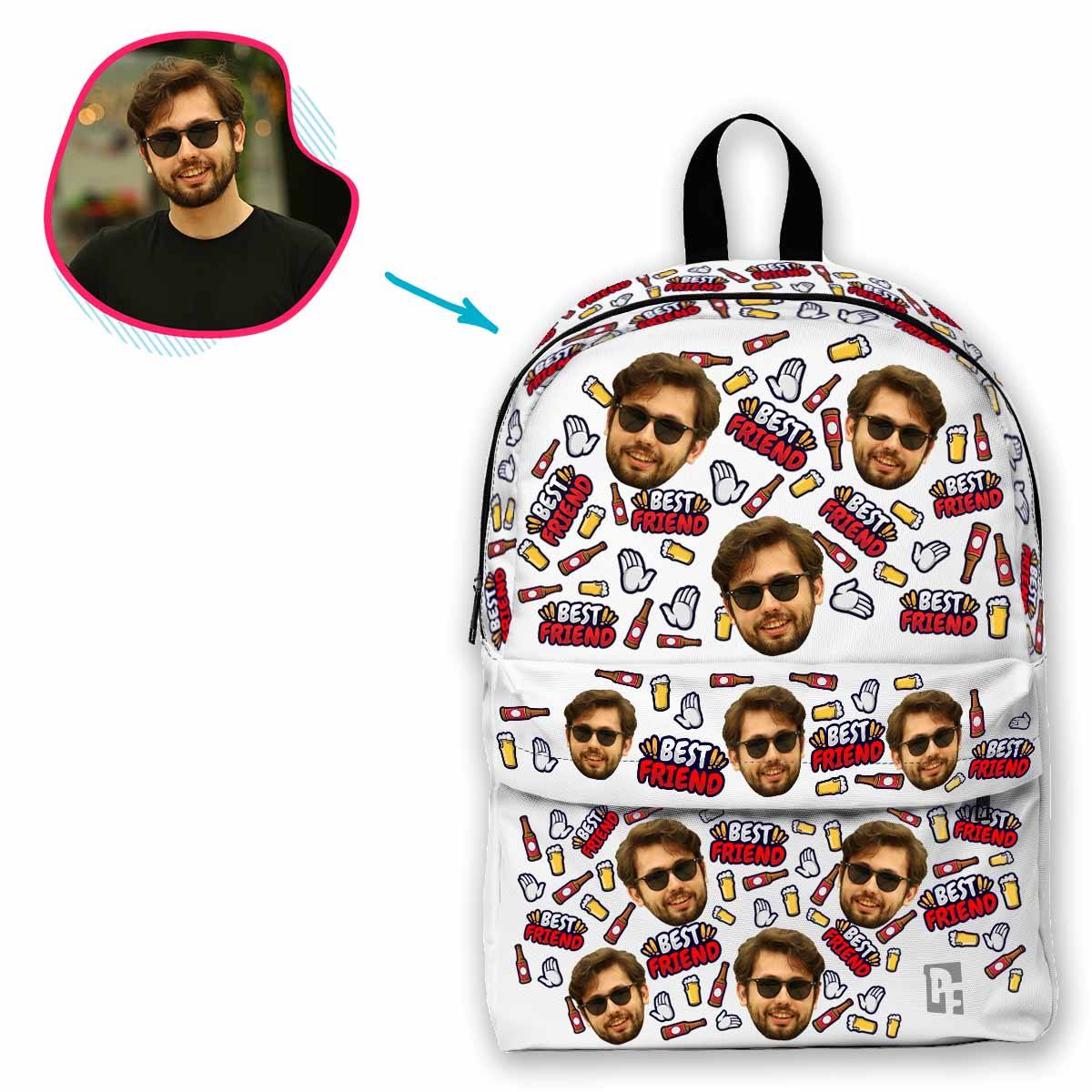 white BFF for Him classic backpack personalized with photo of face printed on it