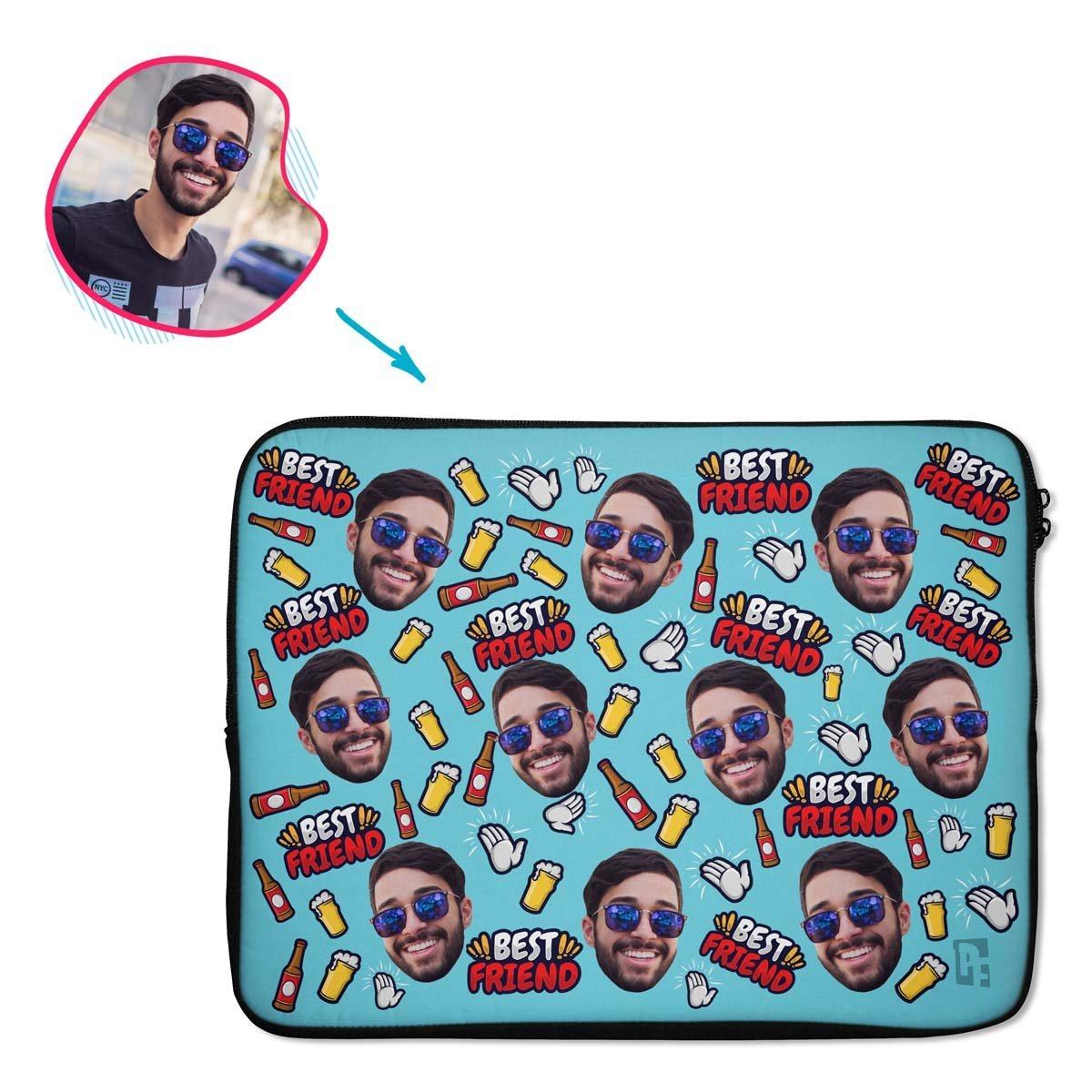 blue BFF for Him laptop sleeve personalized with photo of face printed on them