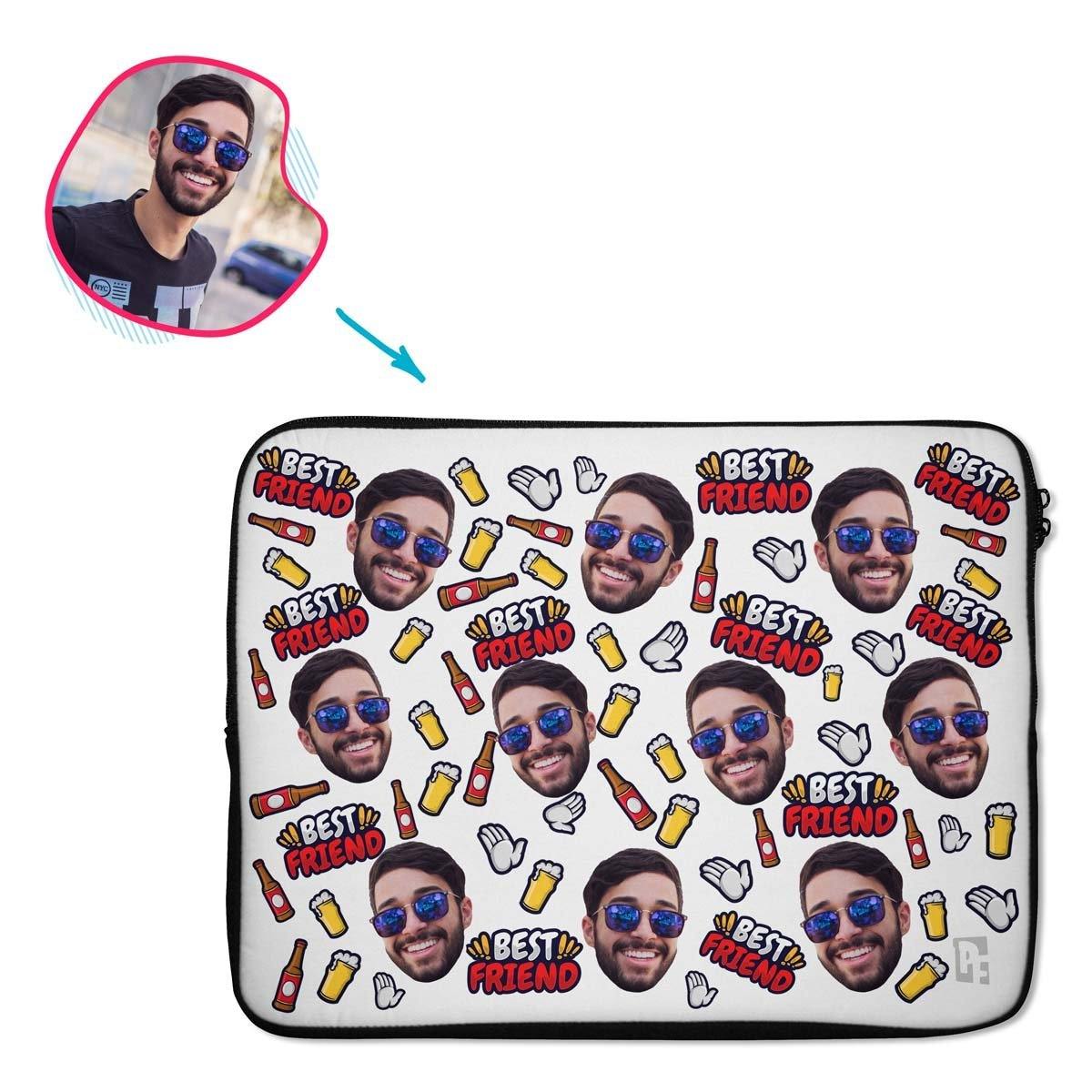 white BFF for Him laptop sleeve personalized with photo of face printed on them