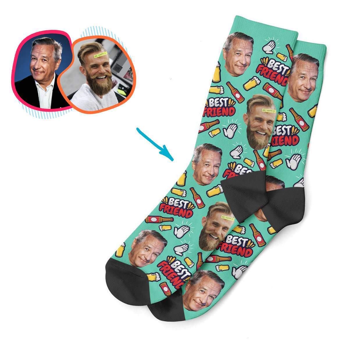 mint BFF for Him socks personalized with photo of face printed on them