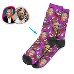 Load image into Gallery viewer, purple BFF for Him socks personalized with photo of face printed on them
