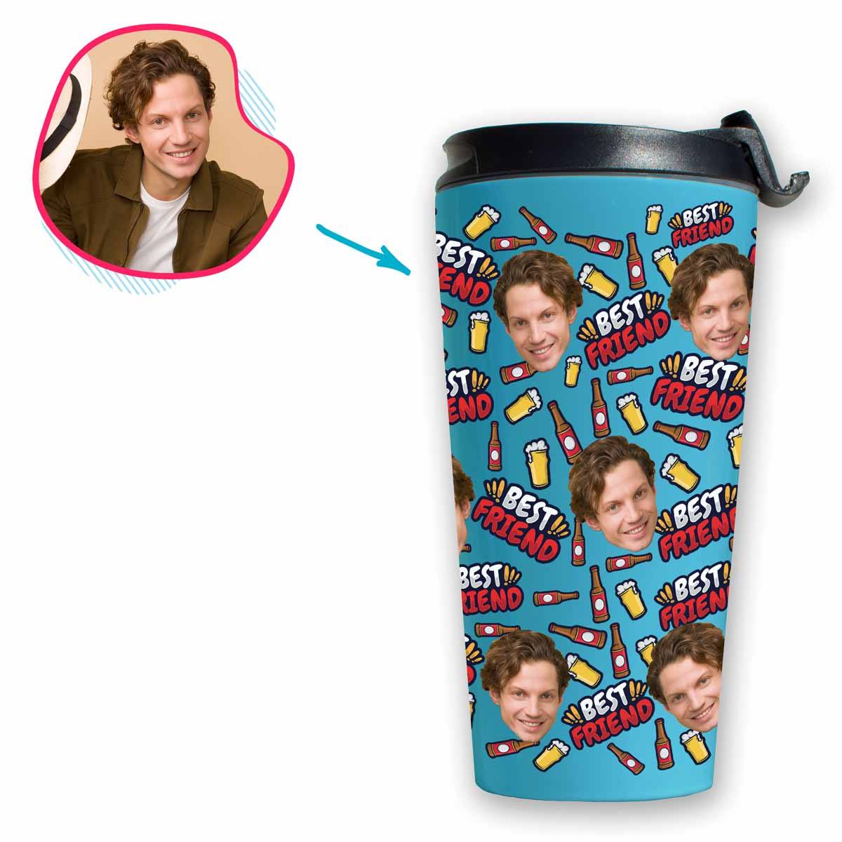 blue BFF for Him travel mug personalized with photo of face printed on it