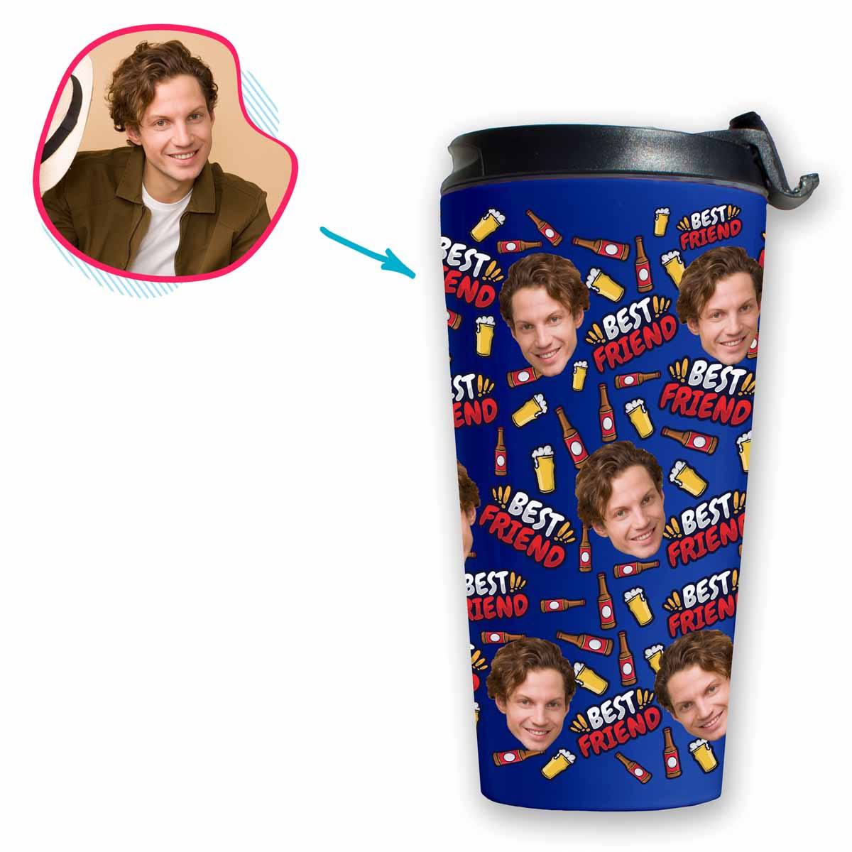 darkblue BFF for Him travel mug personalized with photo of face printed on it