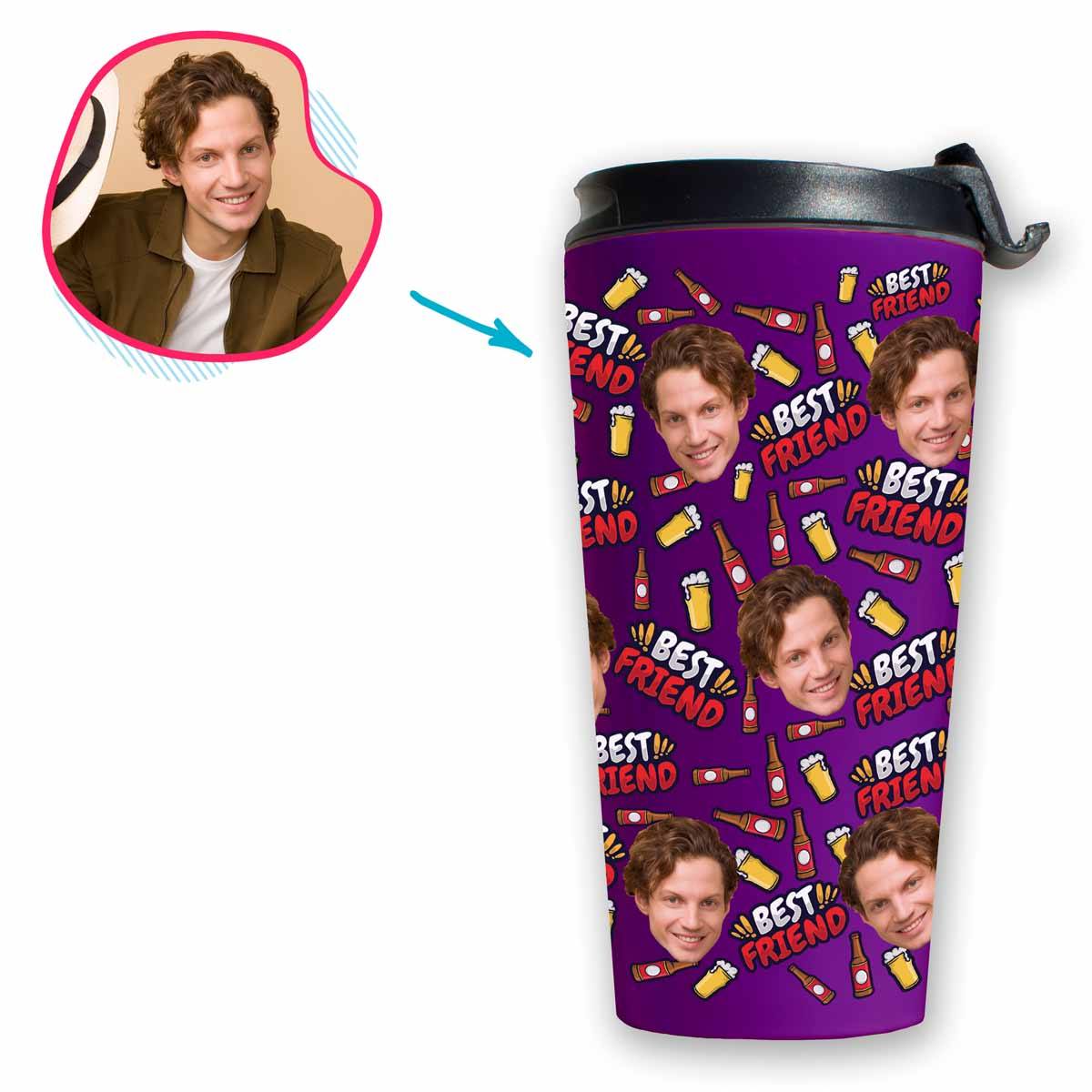 purple BFF for Him travel mug personalized with photo of face printed on it