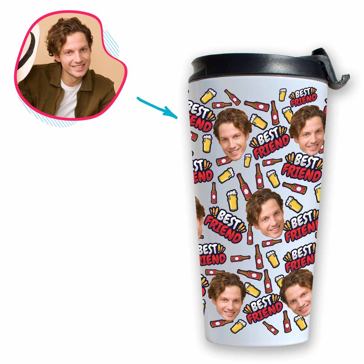 white BFF for Him travel mug personalized with photo of face printed on it