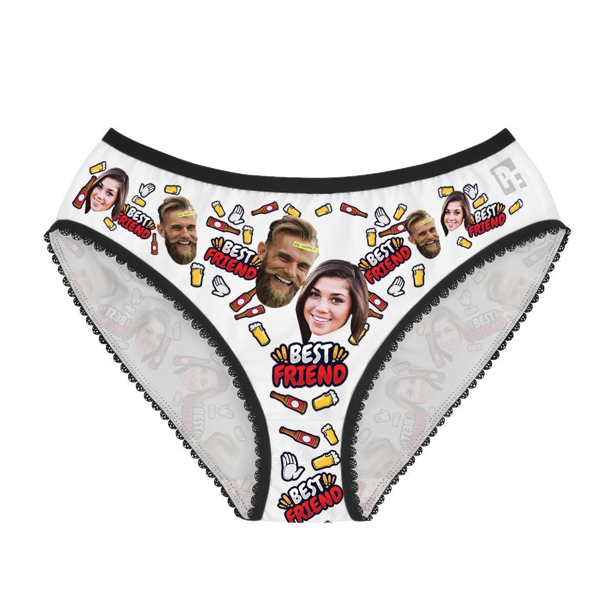 White BFF for him women's underwear briefs personalized with photo printed on them