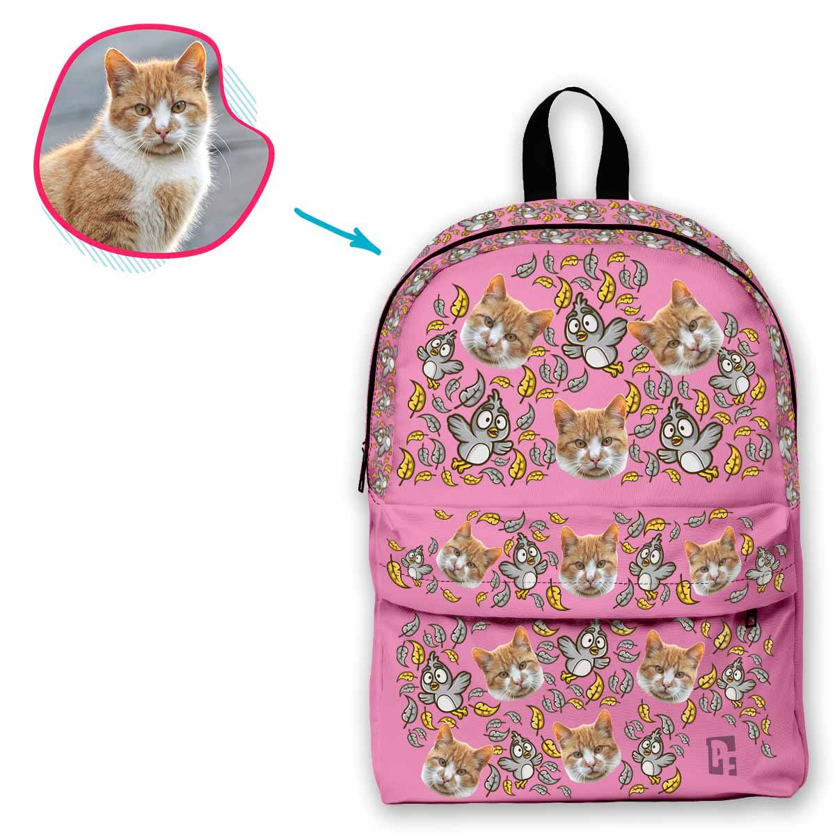 pink Bird classic backpack personalized with photo of face printed on it