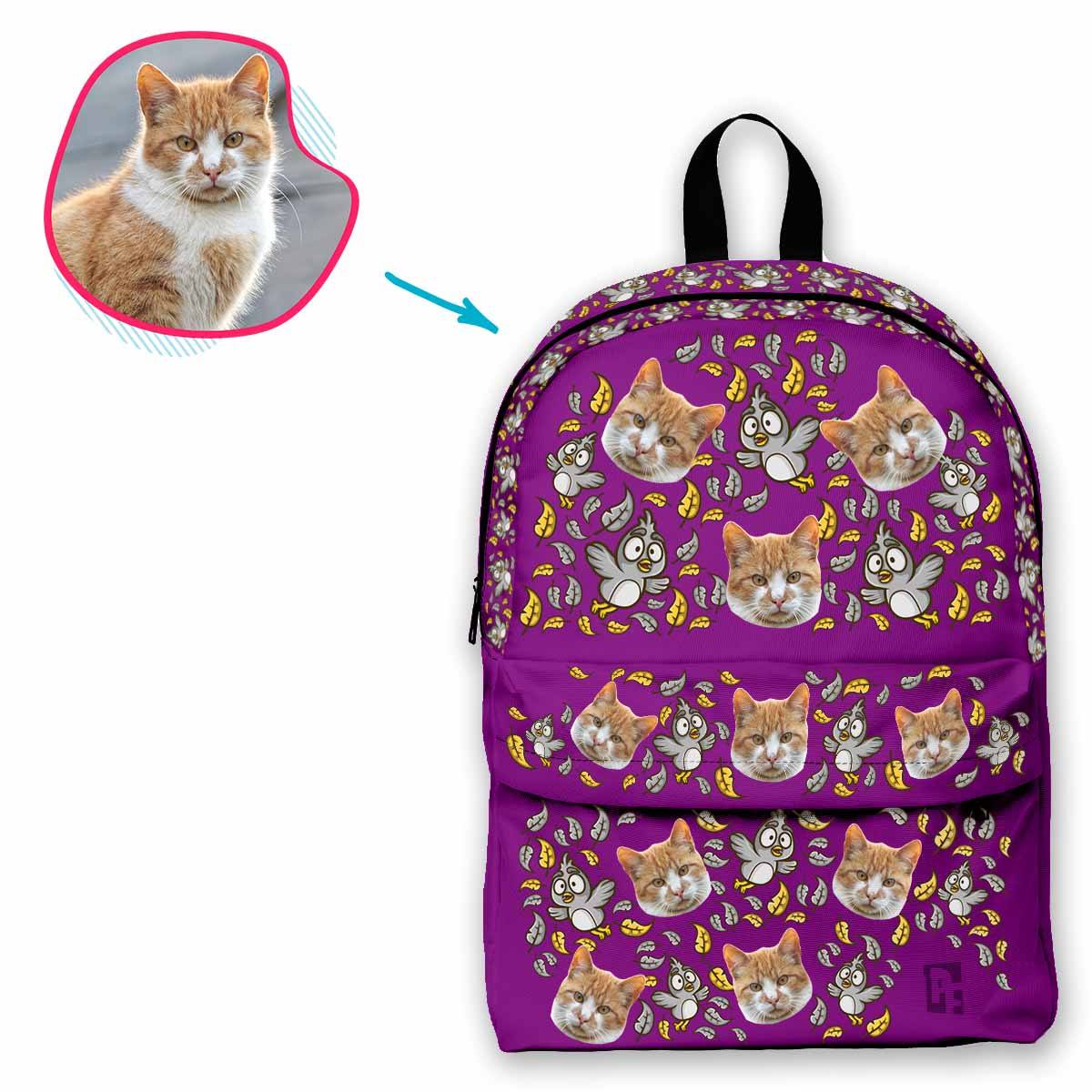 purple Bird classic backpack personalized with photo of face printed on it