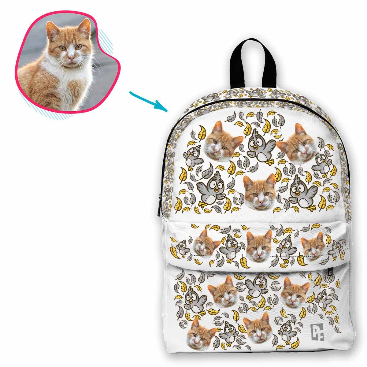 white Bird classic backpack personalized with photo of face printed on it