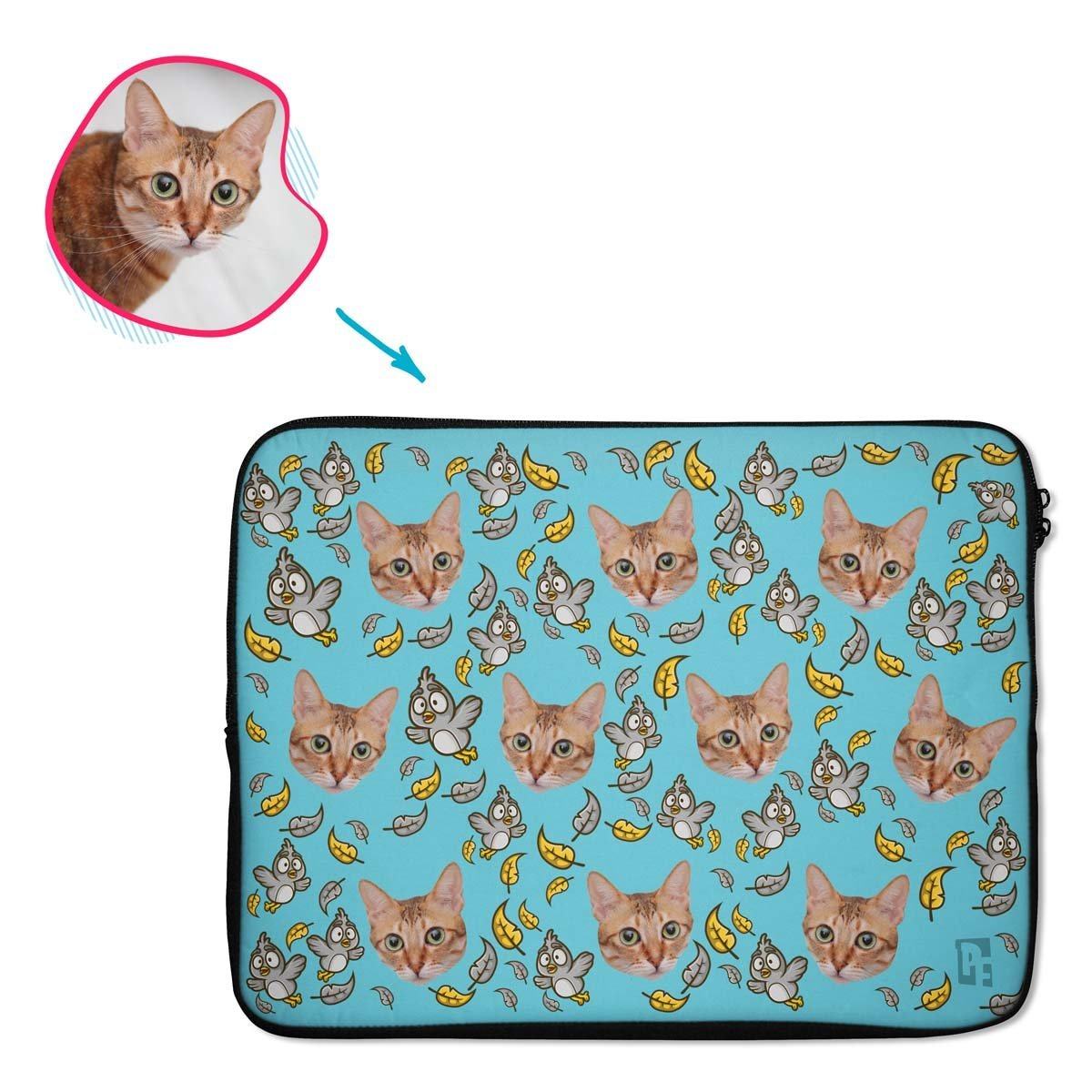 blue Bird laptop sleeve personalized with photo of face printed on them