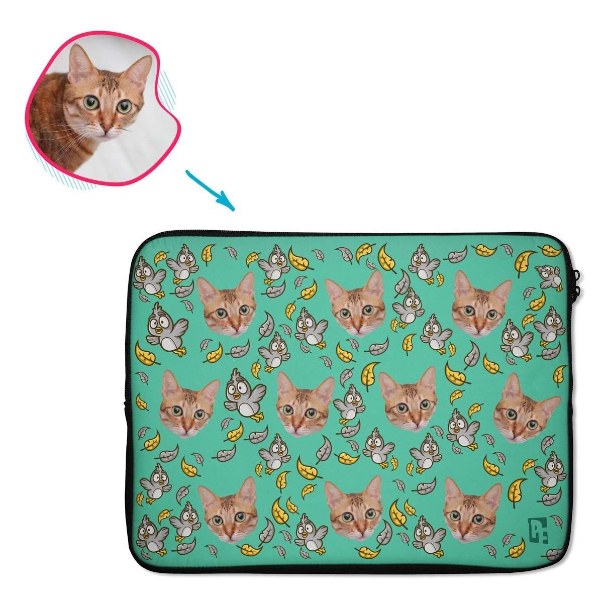mint Bird laptop sleeve personalized with photo of face printed on them