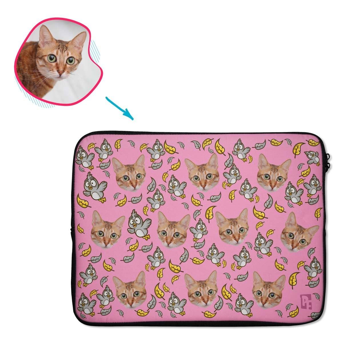 pink Bird laptop sleeve personalized with photo of face printed on them