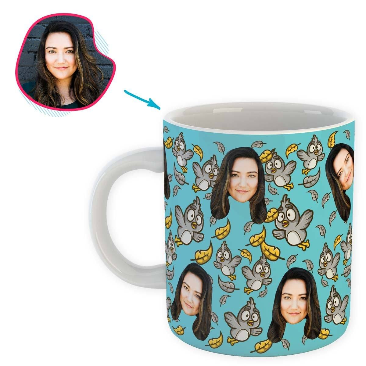 blue Bird mug personalized with photo of face printed on it