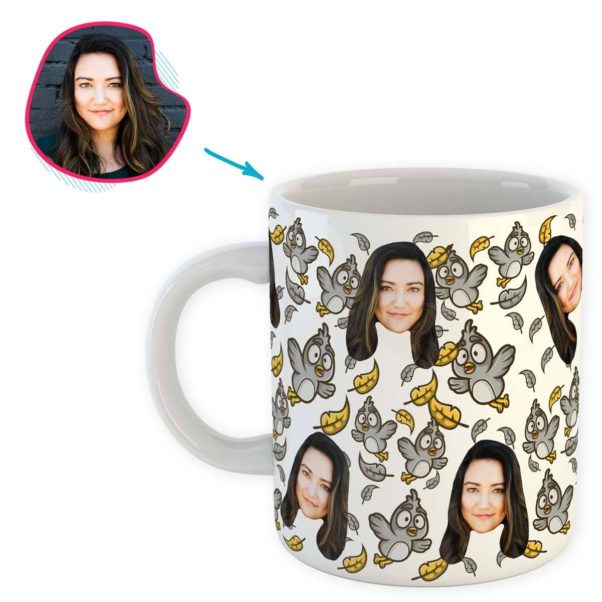 white Bird mug personalized with photo of face printed on it