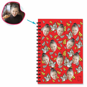 red Bird Notebook personalized with photo of face printed on them