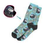 Load image into Gallery viewer, blue Bird socks personalized with photo of face printed on them
