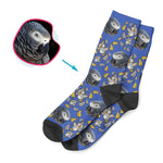 Load image into Gallery viewer, darkblue Bird socks personalized with photo of face printed on them
