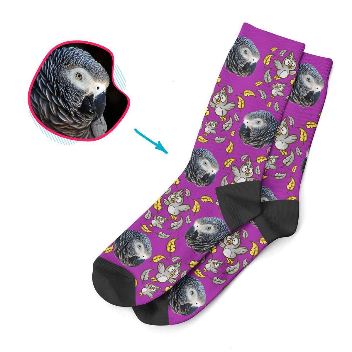 purple Bird socks personalized with photo of face printed on them