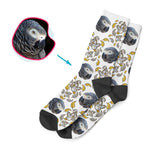 Load image into Gallery viewer, white Bird socks personalized with photo of face printed on them
