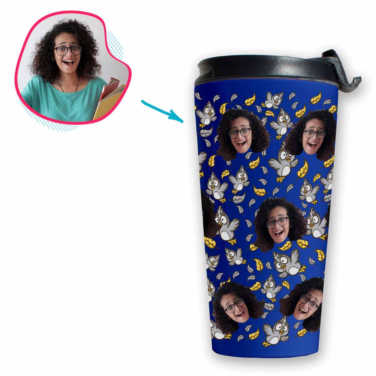 darkblue Bird travel mug personalized with photo of face printed on it