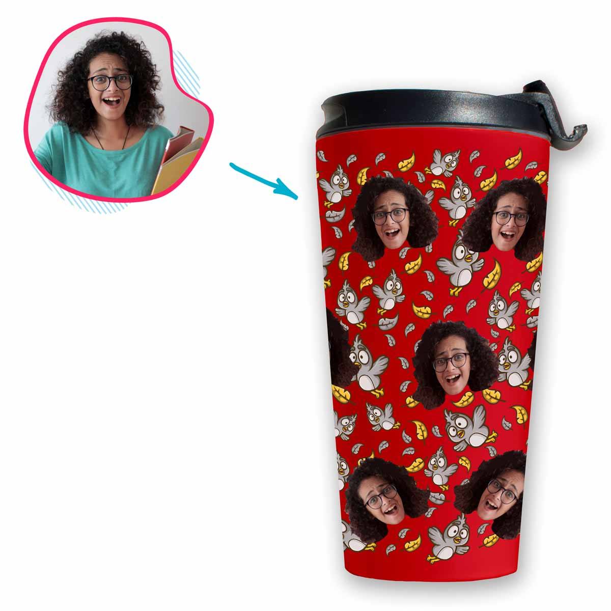 red Bird travel mug personalized with photo of face printed on it