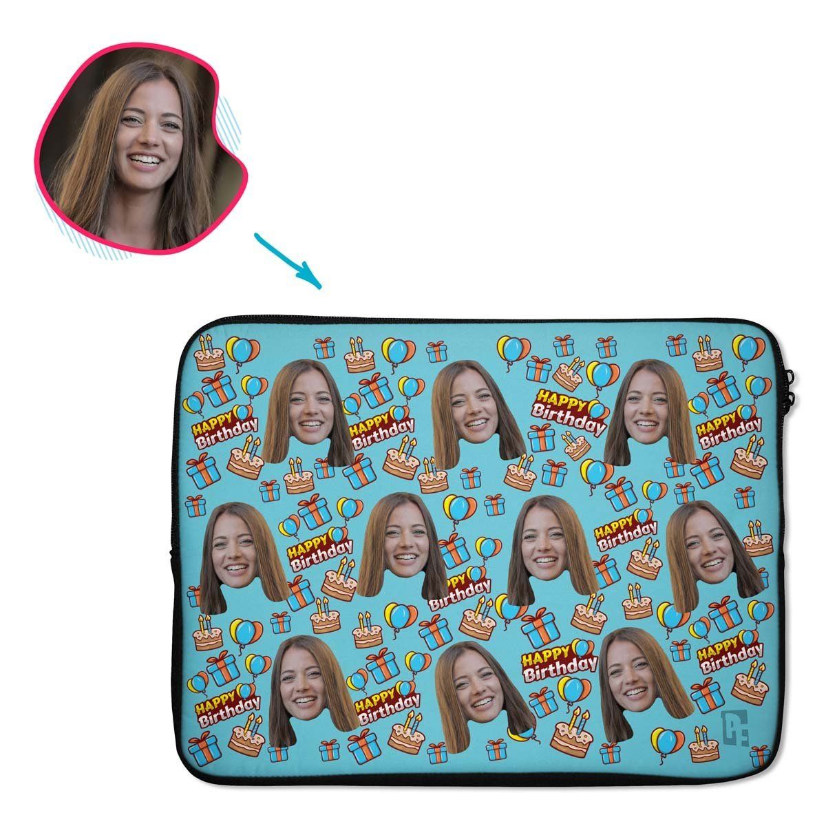 blue Birthday laptop sleeve personalized with photo of face printed on them