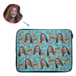 Load image into Gallery viewer, blue Birthday laptop sleeve personalized with photo of face printed on them
