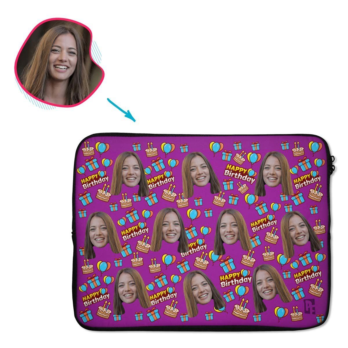 purple Birthday laptop sleeve personalized with photo of face printed on them