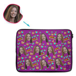 Load image into Gallery viewer, purple Birthday laptop sleeve personalized with photo of face printed on them
