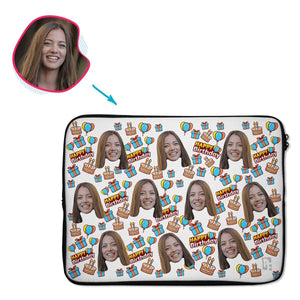 white Birthday laptop sleeve personalized with photo of face printed on them