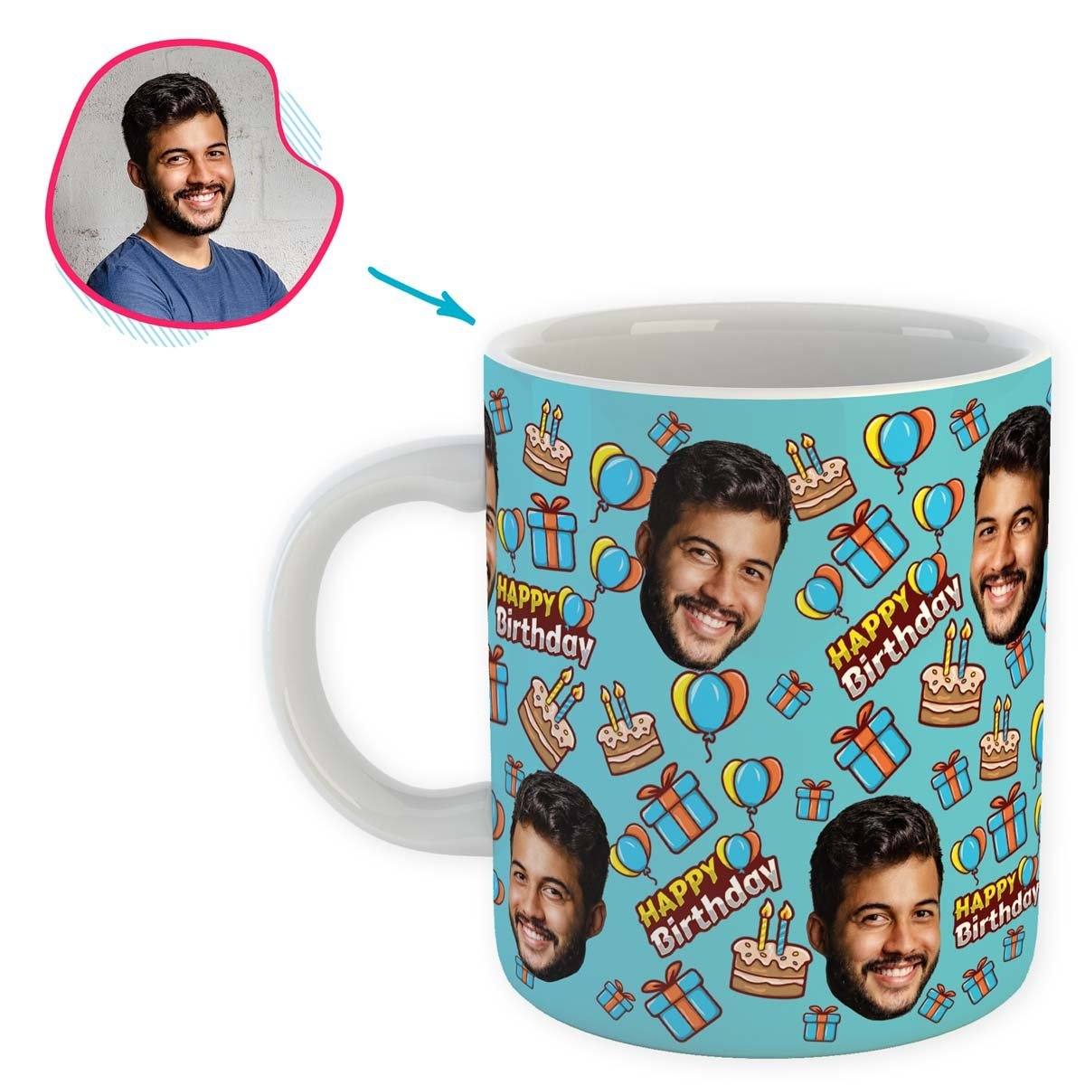 blue Birthday mug personalized with photo of face printed on it