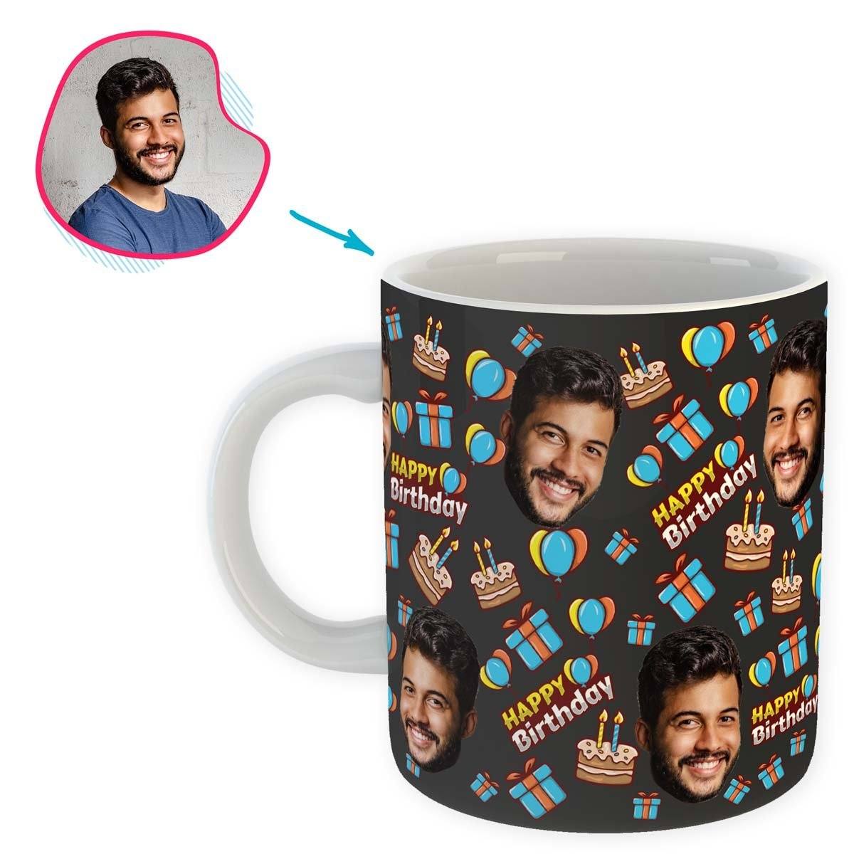 dark Birthday mug personalized with photo of face printed on it