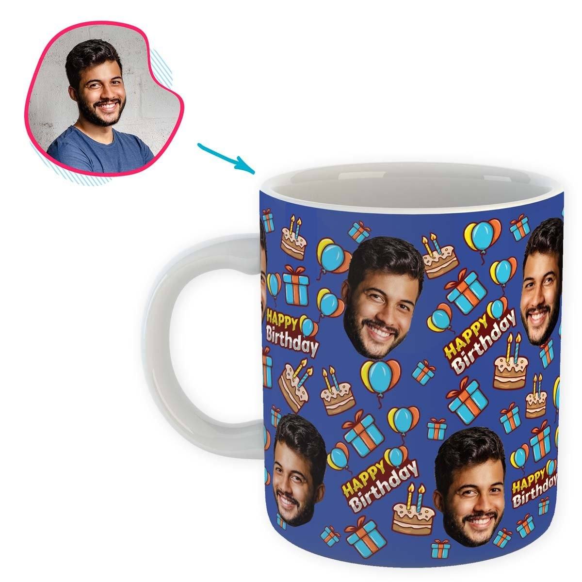 darkblue Birthday mug personalized with photo of face printed on it