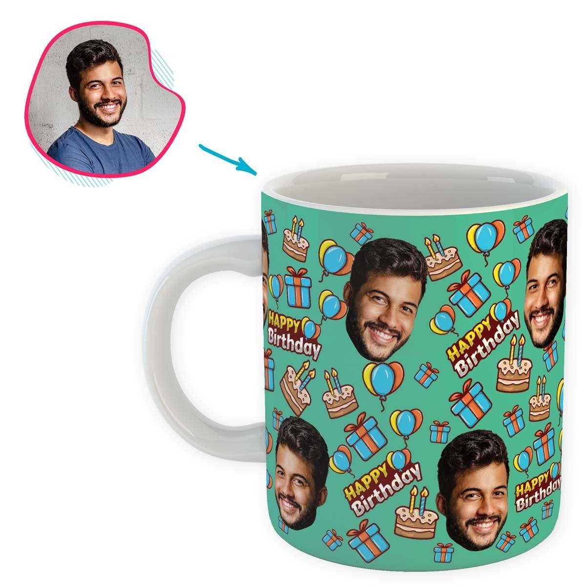 mint Birthday mug personalized with photo of face printed on it