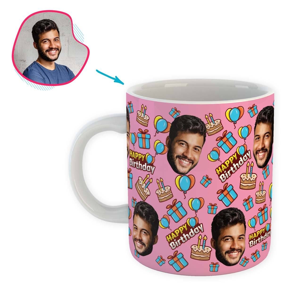 pink Birthday mug personalized with photo of face printed on it