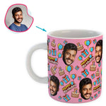 Load image into Gallery viewer, pink Birthday mug personalized with photo of face printed on it

