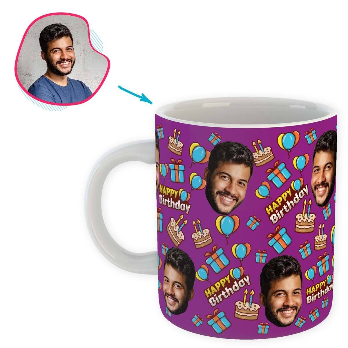purple Birthday mug personalized with photo of face printed on it