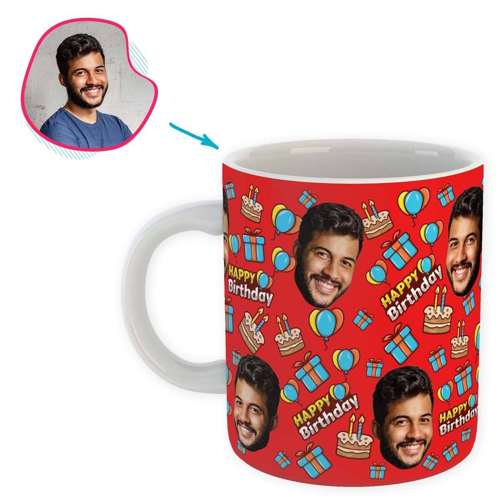 red Birthday mug personalized with photo of face printed on it
