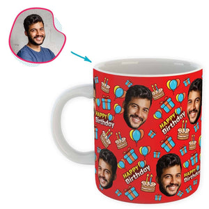red Birthday mug personalized with photo of face printed on it