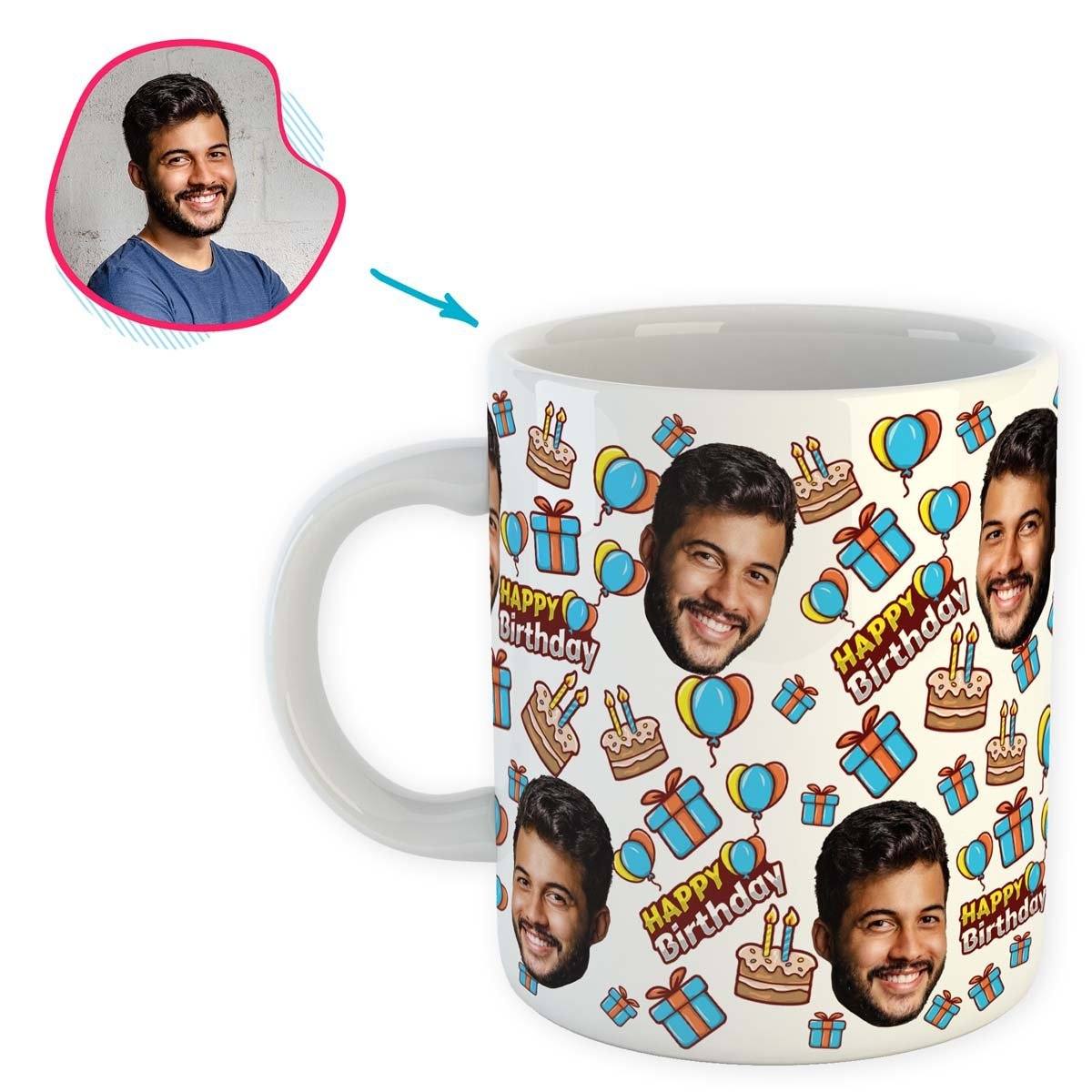 white Birthday mug personalized with photo of face printed on it