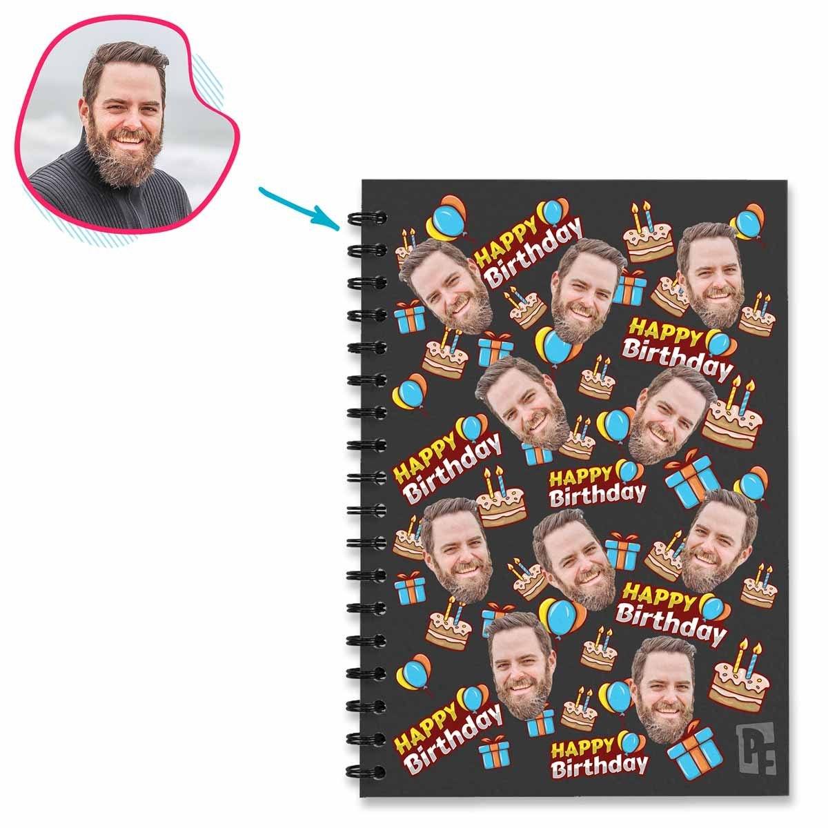 dark Birthday Notebook personalized with photo of face printed on them