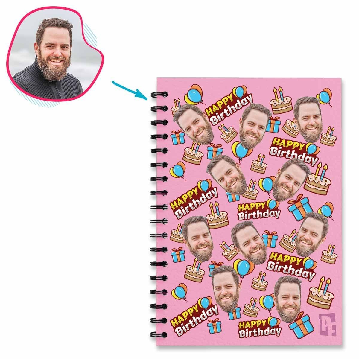 pink Birthday Notebook personalized with photo of face printed on them