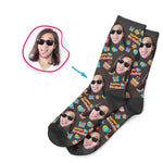 Load image into Gallery viewer, dark Birthday socks personalized with photo of face printed on them
