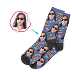 Load image into Gallery viewer, darkblue Birthday socks personalized with photo of face printed on them
